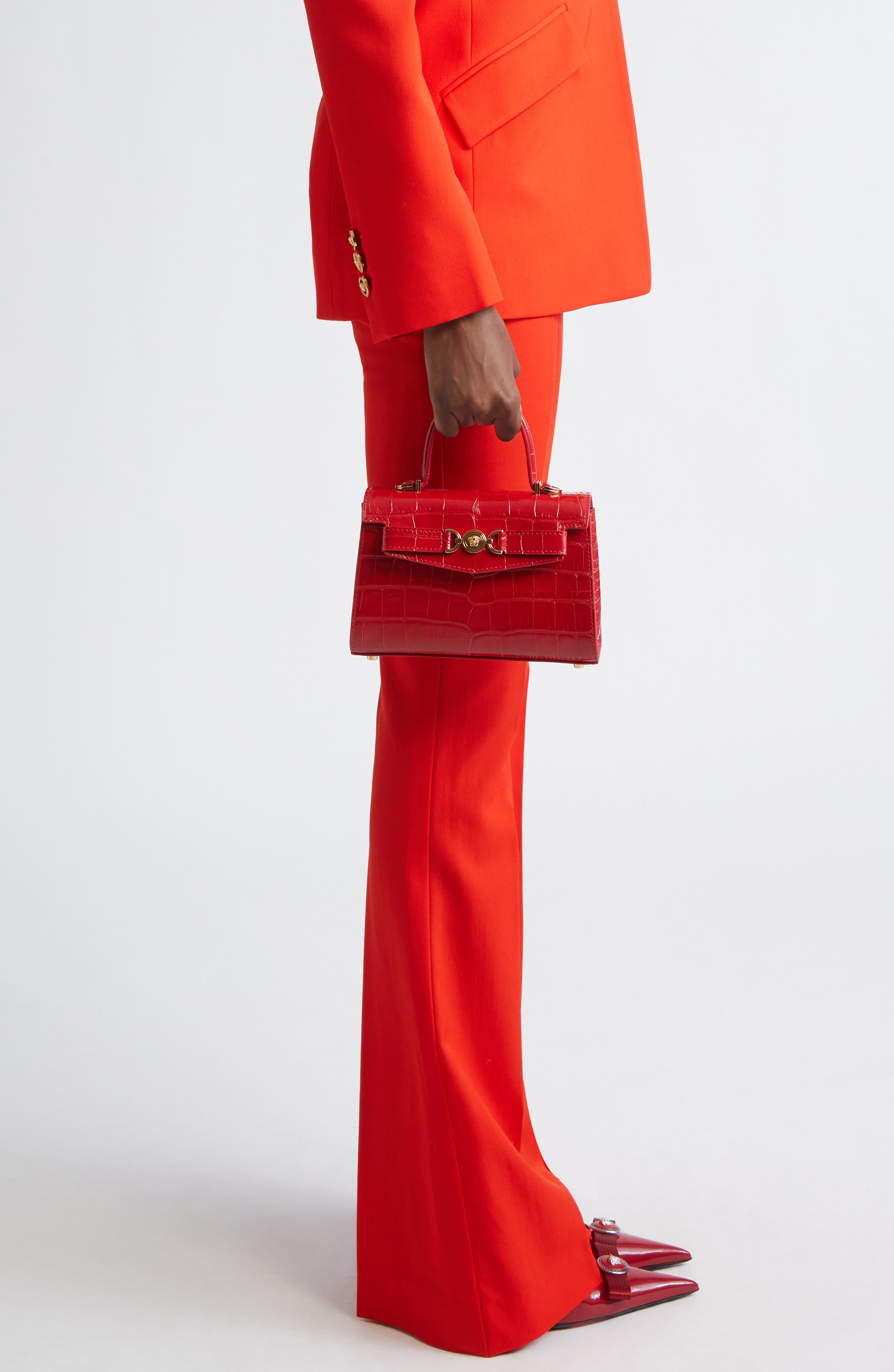 Versace Small Medusa '95 Croc Embossed Leather Top Handle Bag, Alternate, color, 