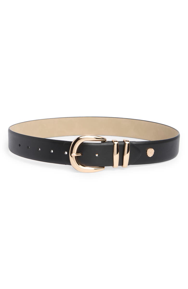 Vince Camuto Buckle & Double Keeper Faux Leather Belt, Main, color, Black Gold