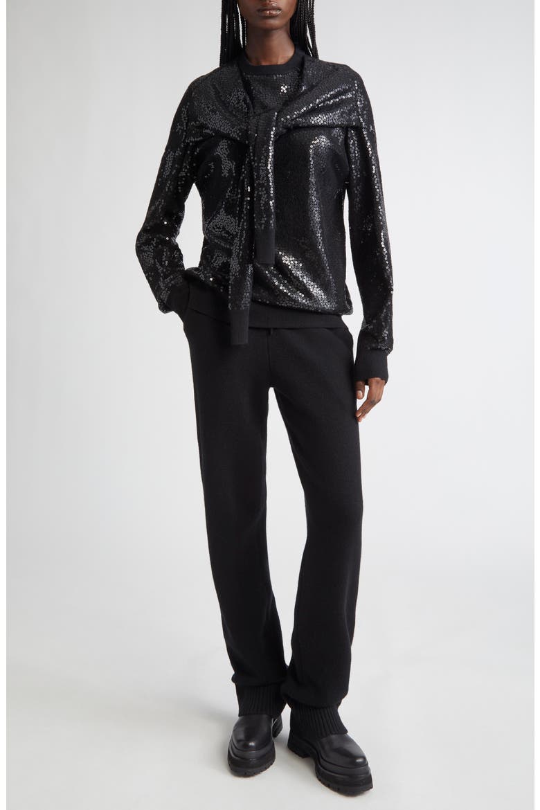 Sequin Embellished Scarf Tie Cashmere Crewneck Sweater, Alternate, color, BLACK