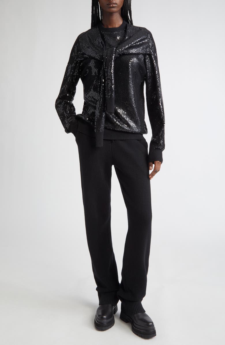 Michael Kors Collection Sequin Embellished Scarf Tie Cashmere Crewneck Sweater, Alternate, color, Black