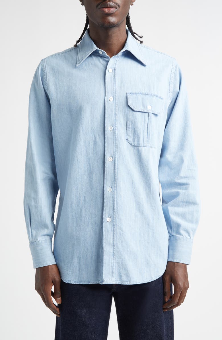 Drake's Light Denim Button-Up Shirt, Main, color, Dark Navy