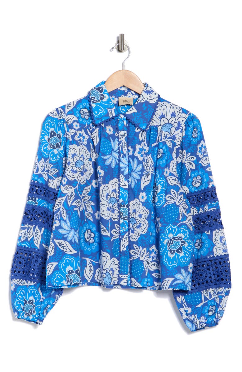 ELIE ELIE TAHARI Floral Lace Trim Long Sleeve Crop Button-Up Shirt, Alternate, color, Blue Floral Print