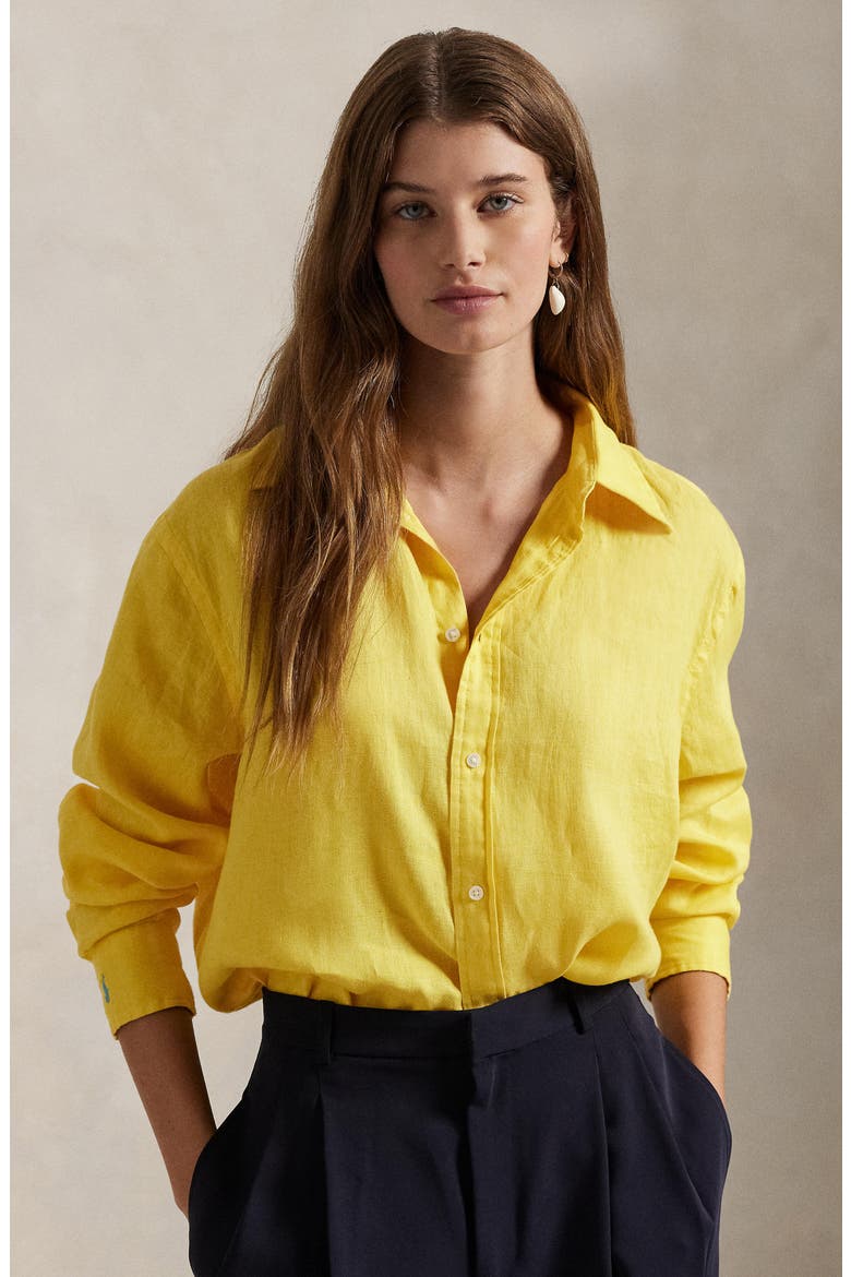 Oversize Linen Button-Down Shirt, Alternate, color, SUNFISH YELLOW