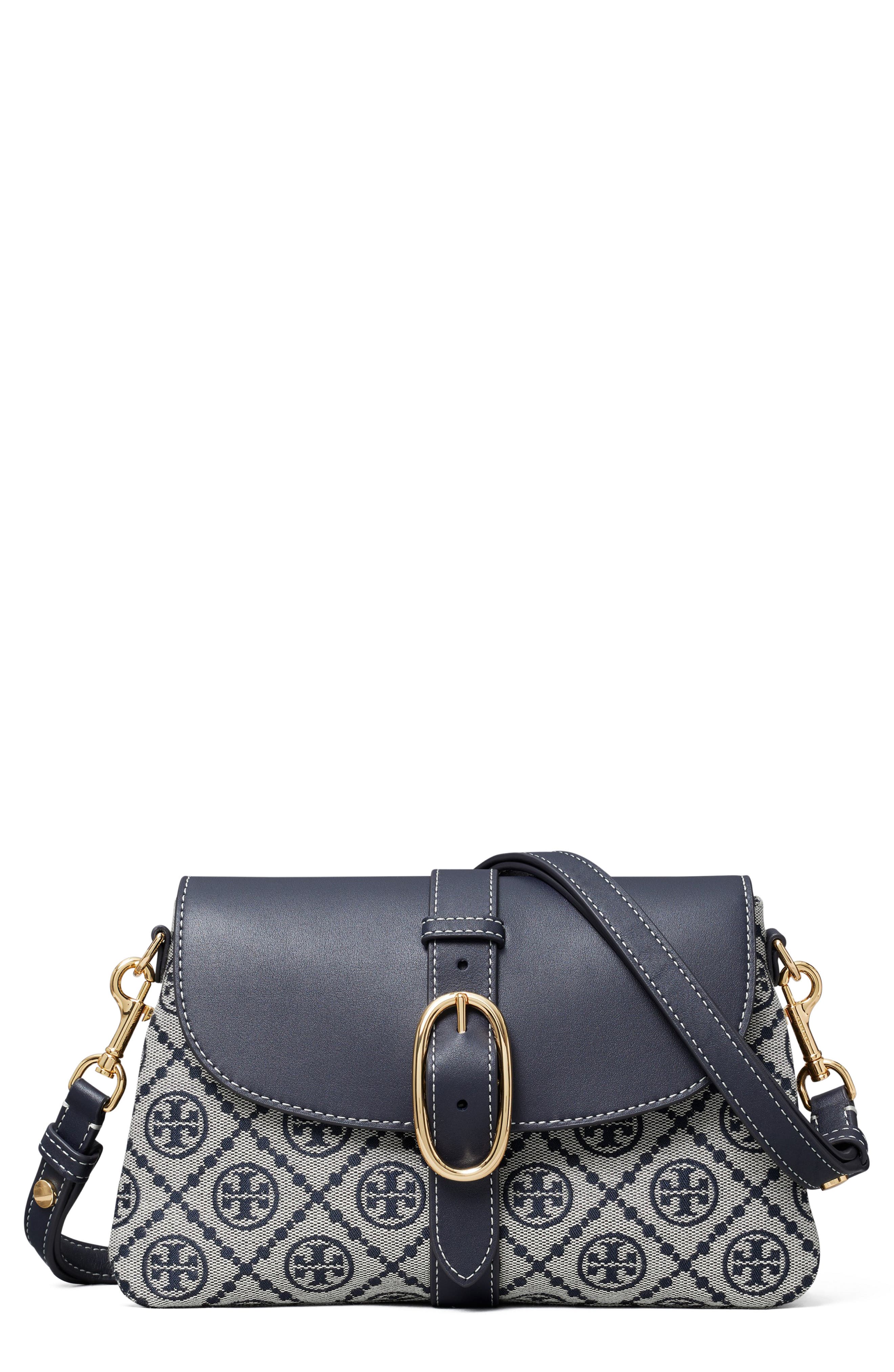 Tory Burch T Monogram Soft Jacquard & Leather Shoulder Bag, Main, color, Tory Navy