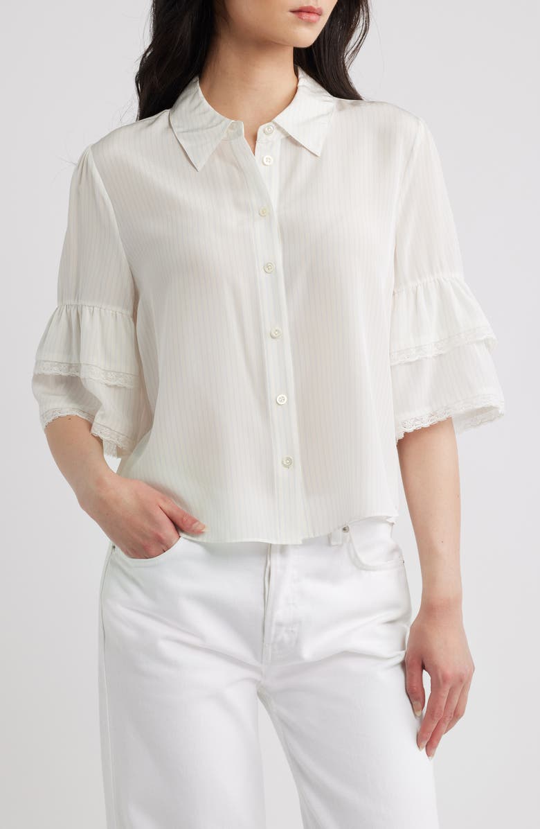 FRAME Lace Trim Ruffle Sleeve Silk Button-Up Top, Main, color, Cream Multi