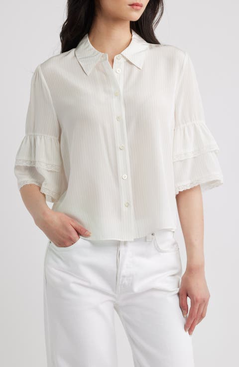 Lace Trim Ruffle Sleeve Silk Button-Up Top