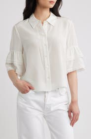 FRAME Lace Trim Ruffle Sleeve Silk Button-Up Top
