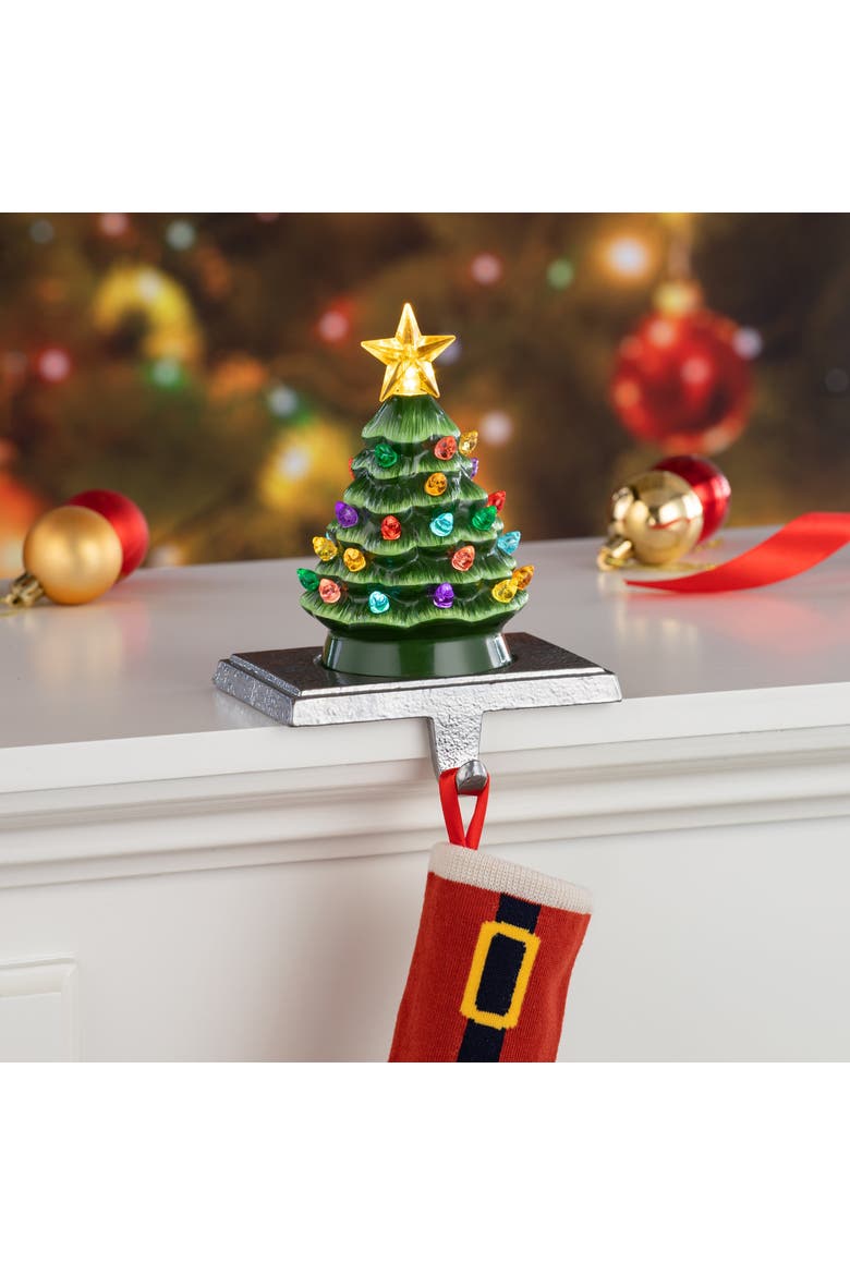 5 in. Lit Ceramic Green Tree Stocking Hanger, Alternate, color, Green