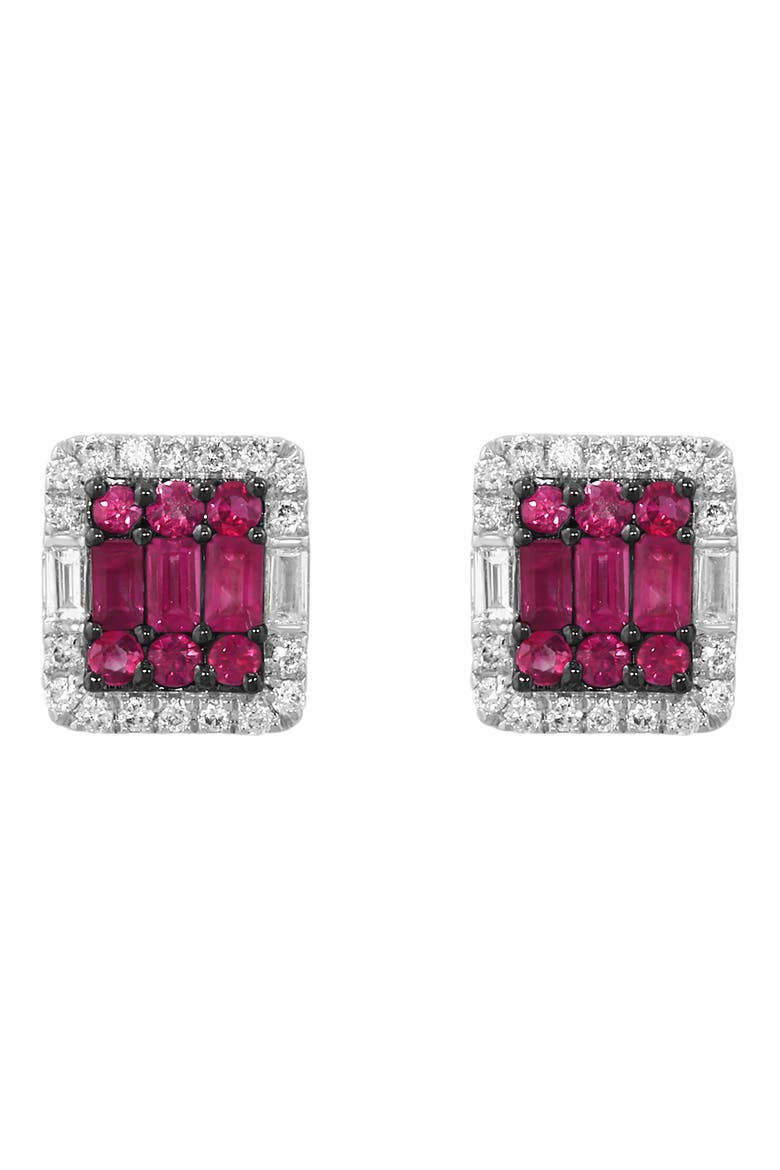 Sterling Silver Diamond Halo Ruby Stud Earrings, Main, color, RED