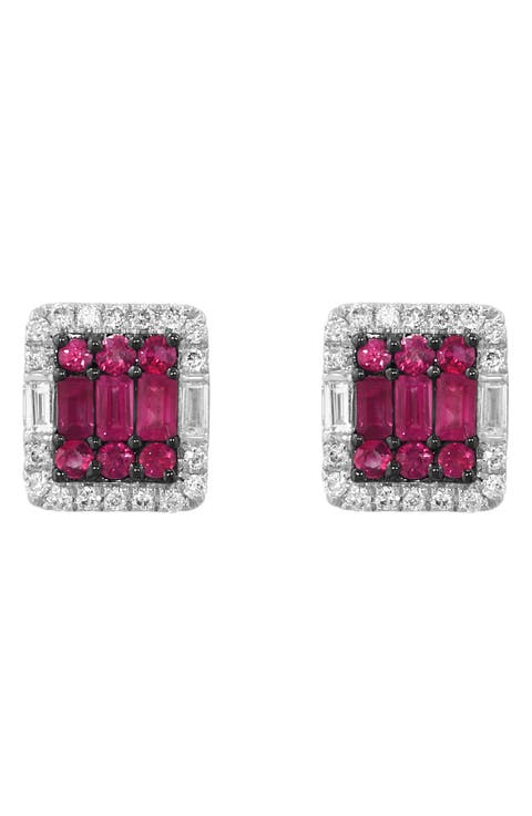 Sterling Silver Diamond Halo Ruby Stud Earrings