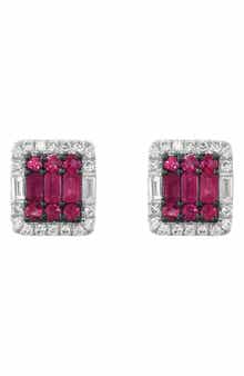Sterling Silver Diamond Halo Ruby Stud Earrings
