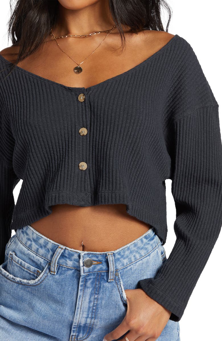 Billabong Easy As Rib Long Sleeve Crop Top, Alternate, color, Black Sands