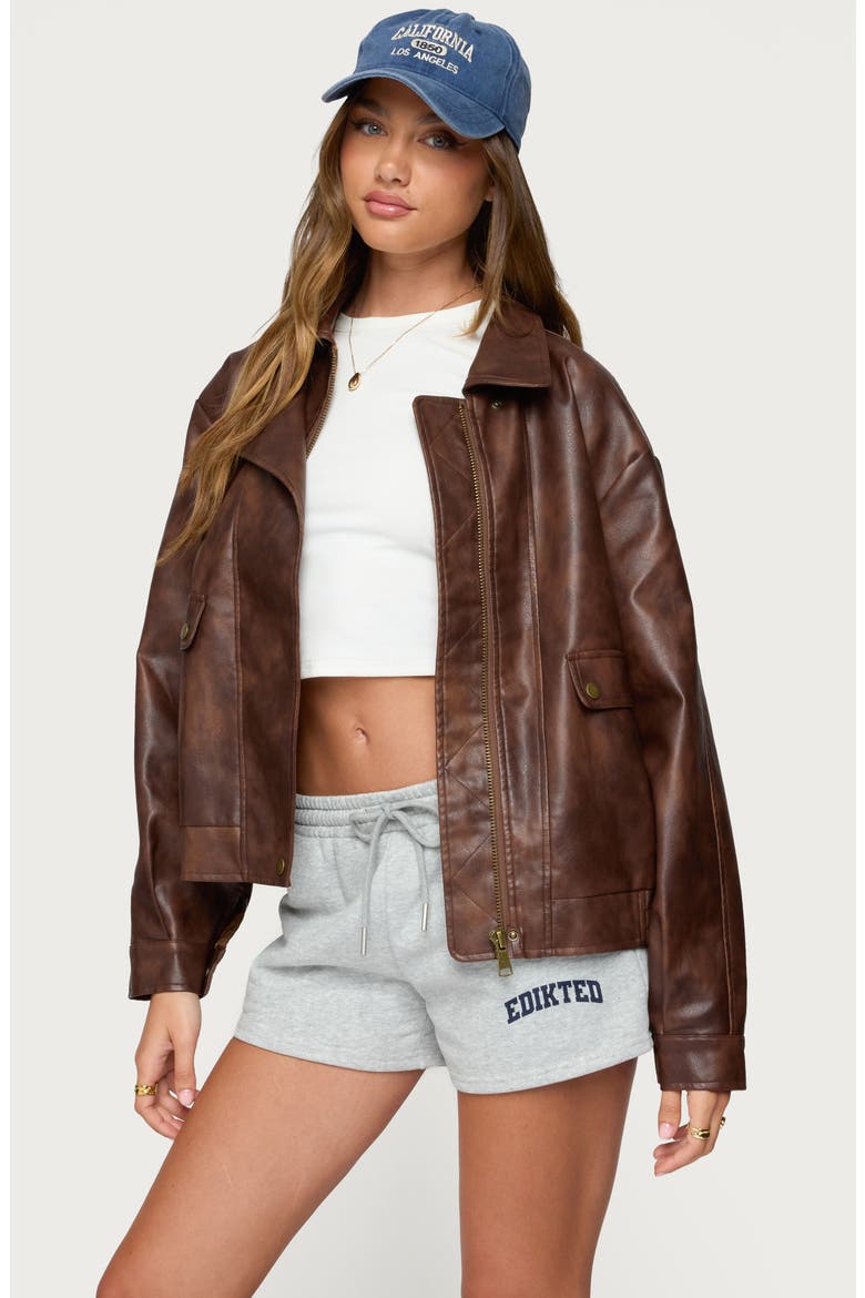 Ardella Oversize Faux Leather Jacket, Alternate, color, BROWN