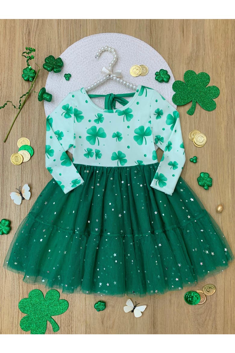 My Lucky Girl Clover Print Tutu Dress, Alternate, color, Green