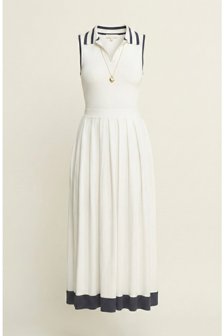 Sleeveless Knit Midi Dress with Contrast Collar and Hem Detail, Alternate, color, White