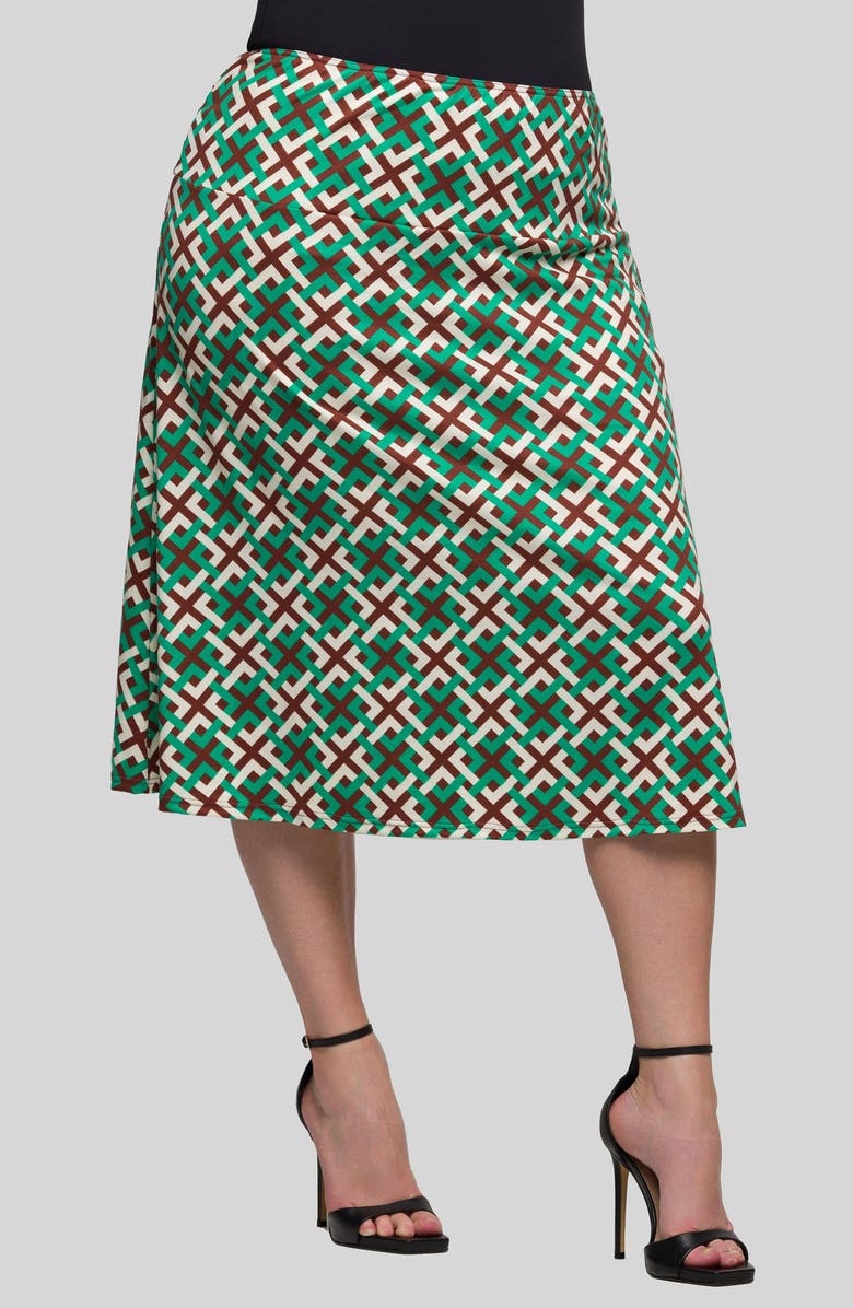 24seven Comfort Apparel Geo Print Elastic Waist Midi Skirt, Alternate, color, Green Multi
