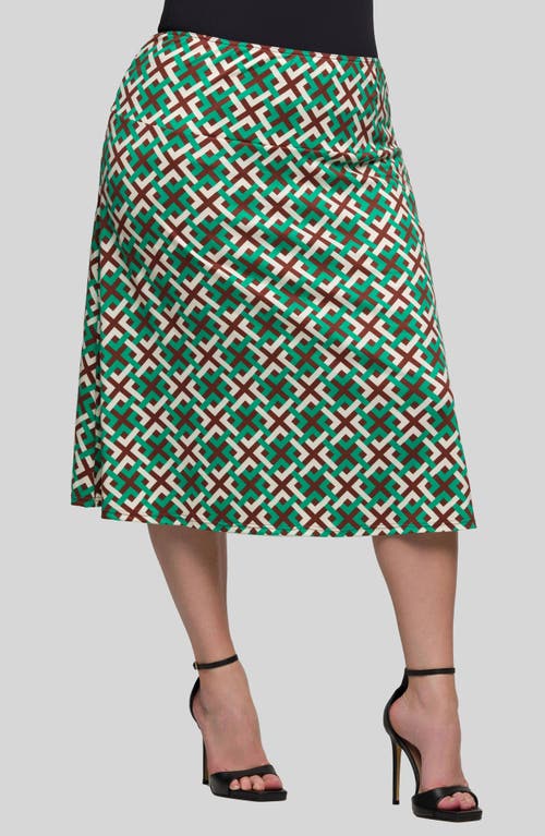 24seven Comfort Apparel Plus Size Print Comfortable Elastic Waist Knee Length Skirt In Green Multi