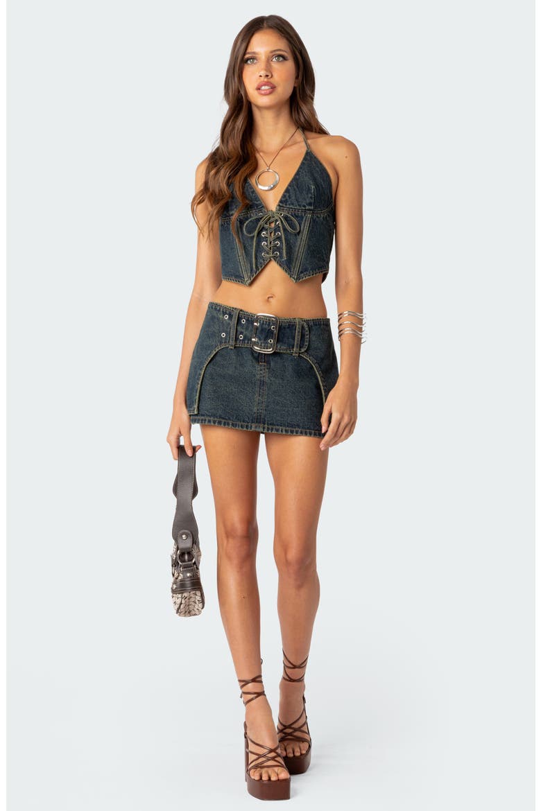 Elara Lace-Up Denim Corset Halter Top, Alternate, color, BLUE