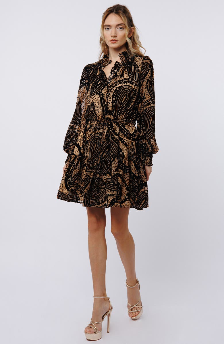 CIEBON Caren Metallic Abstract Print Long Sleeve Dress, Alternate, color, Black