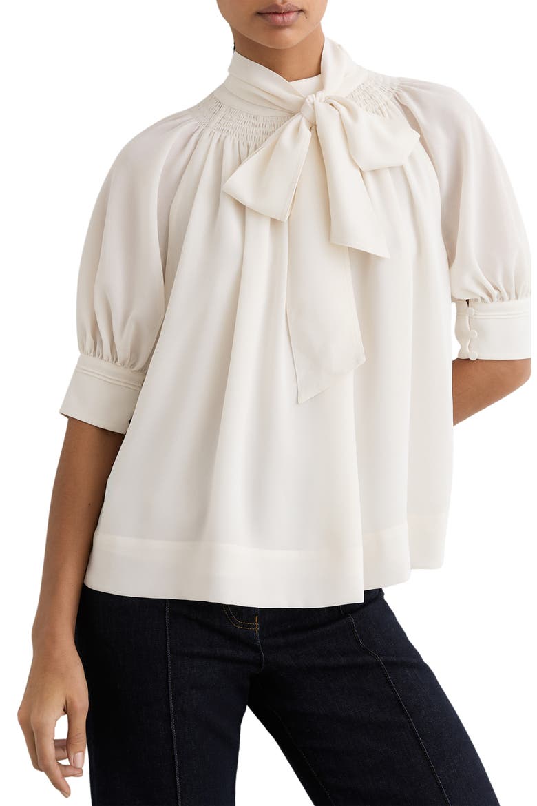 Lerina Smocked Tie Neck Puff Sleeve Top, Alternate, color, IVORY
