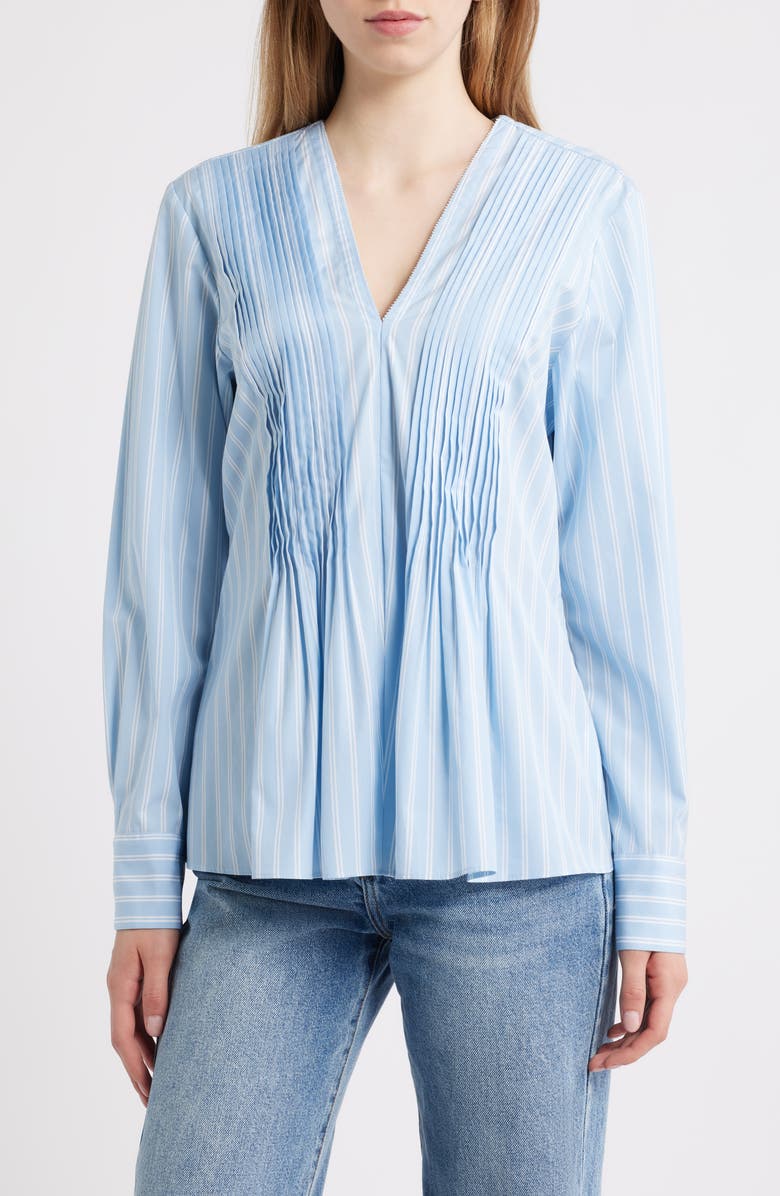 rag & bone Asher Stripe Pleated Cotton Blouse, Main, color, Light Blue Stripe