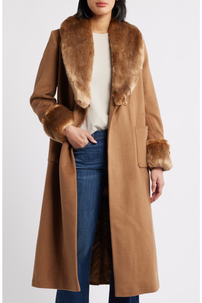 Wool Blend Coat with Faux Fur Trim, Alternate, color, VICUNA