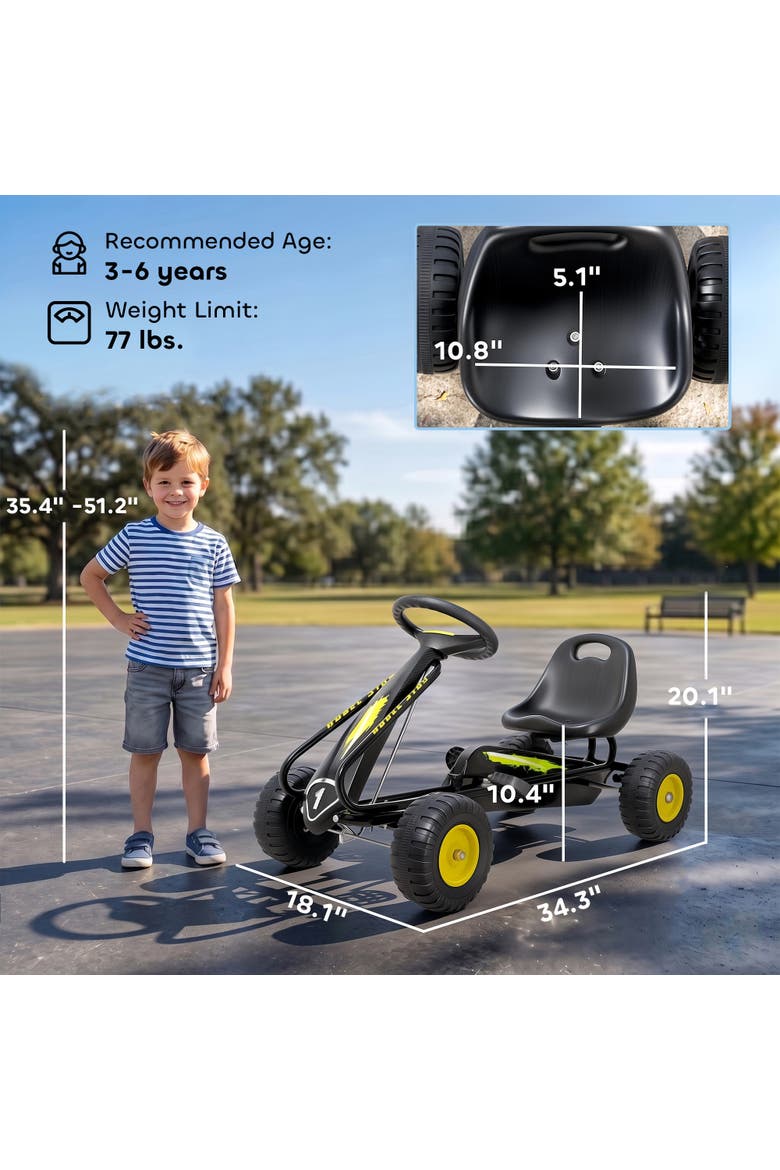 Kids Pedal Go Kart, Adjustable Seat, Steering Wheel, Backrest, Outdoor Racer, Black, Alternate, color, Black