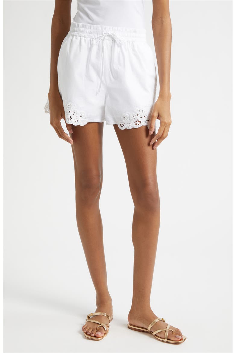 Vivaldi Embroidery Detail Cotton Drawstring Shorts, Main, color, WHITE