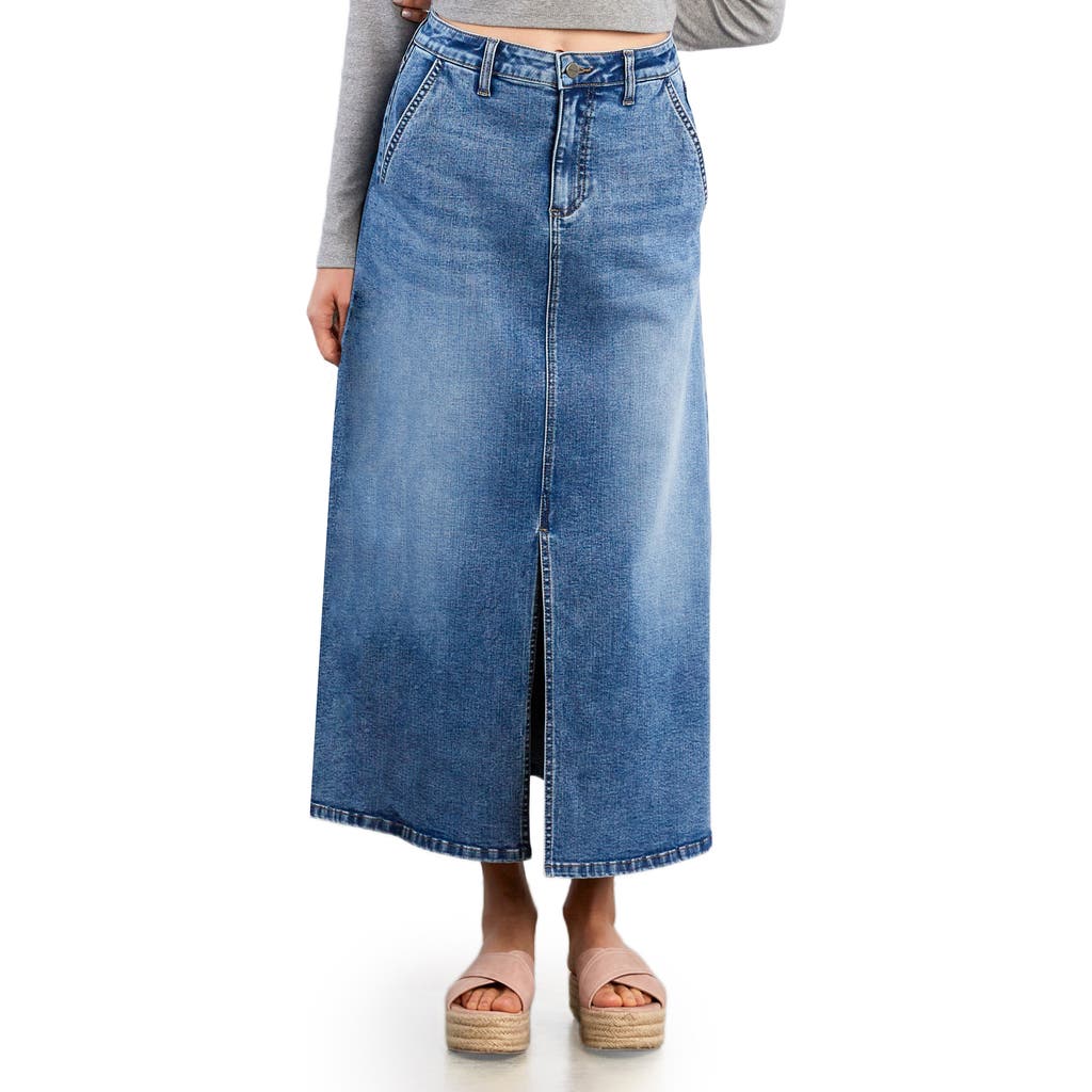 Hint Of Blu Split Hem Denim Midi Skirt In Blue
