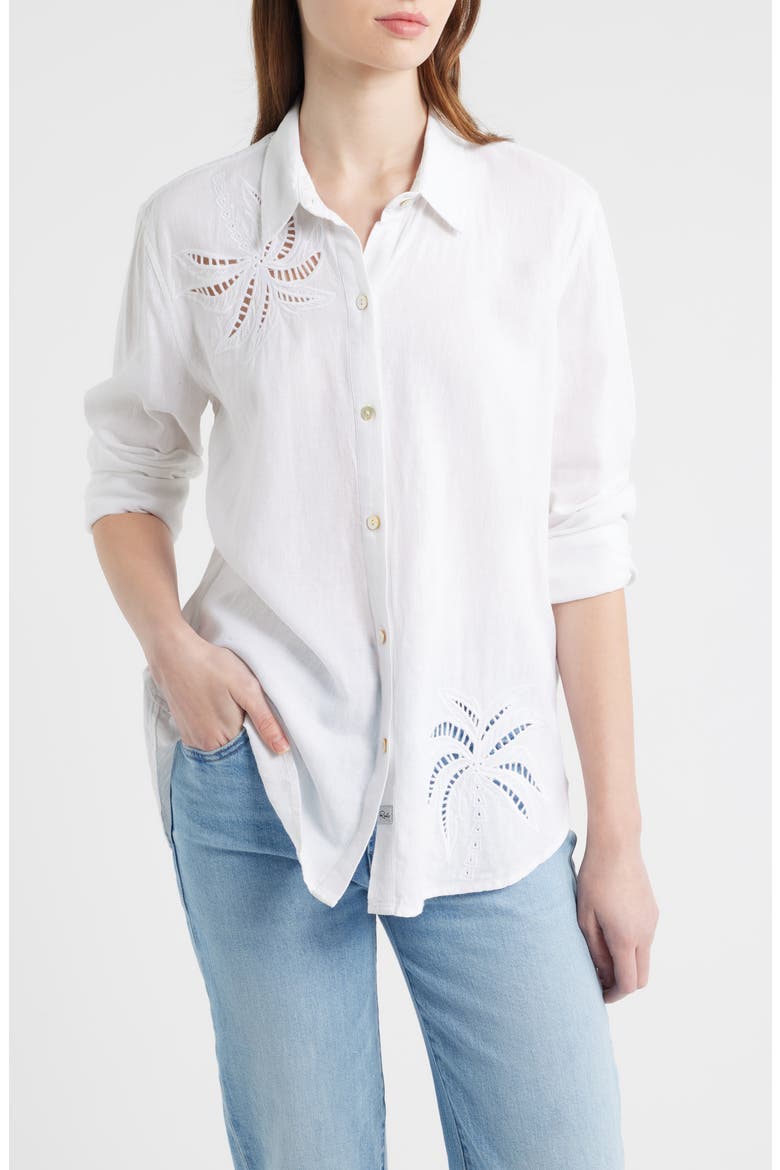 Samar Eyelet Embroidered Linen Blend Button Up Shirt, Main, color, WHITE PALM EMBROIDERY