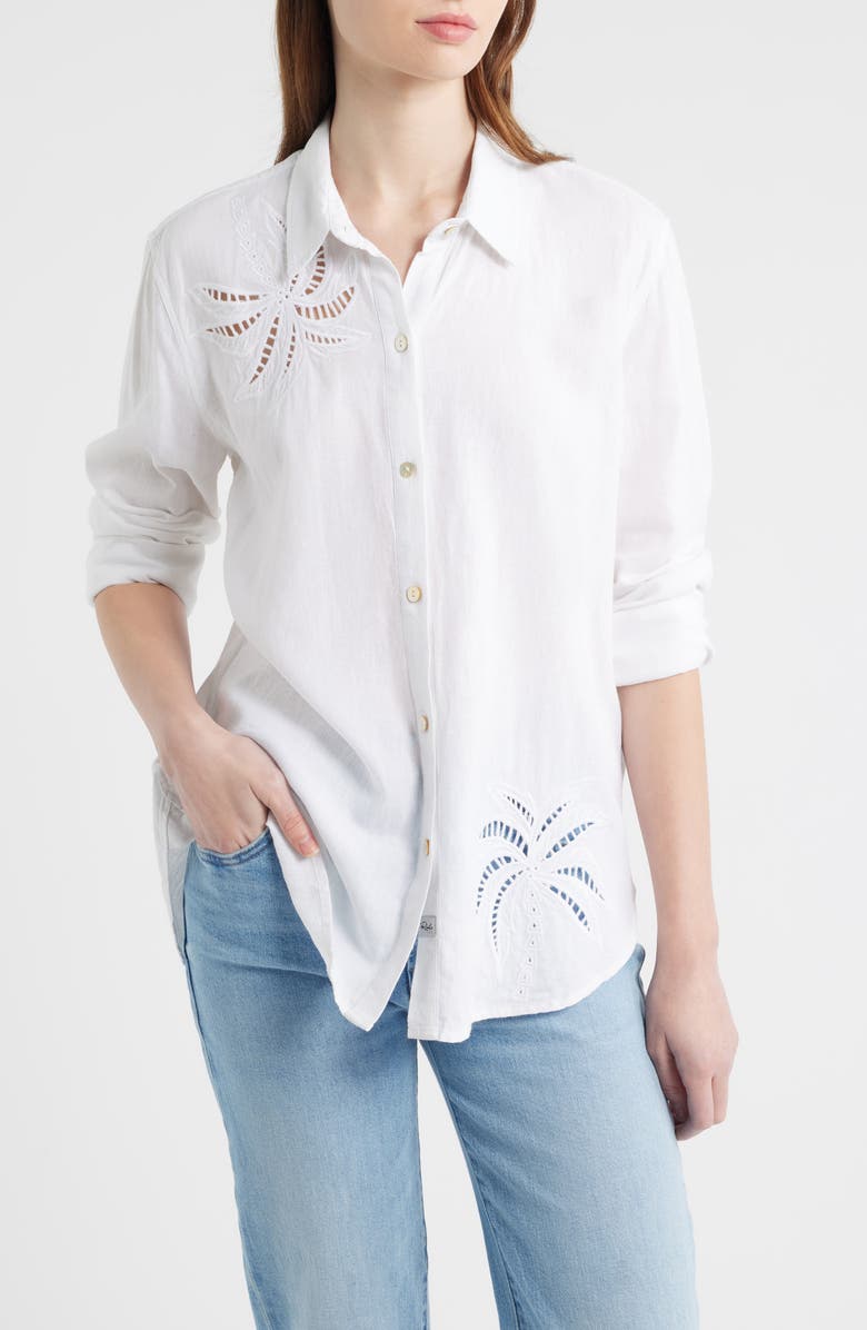 Rails Samar Eyelet Embroidered Linen Blend Button Up Shirt, Main, color, White Palm Embroidery