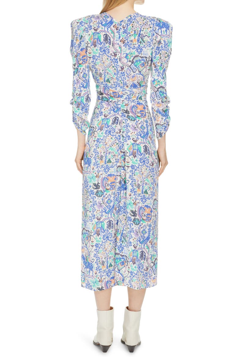 Albi Dot Print Ruched Stretch Silk Dress, Alternate, color, BLUE