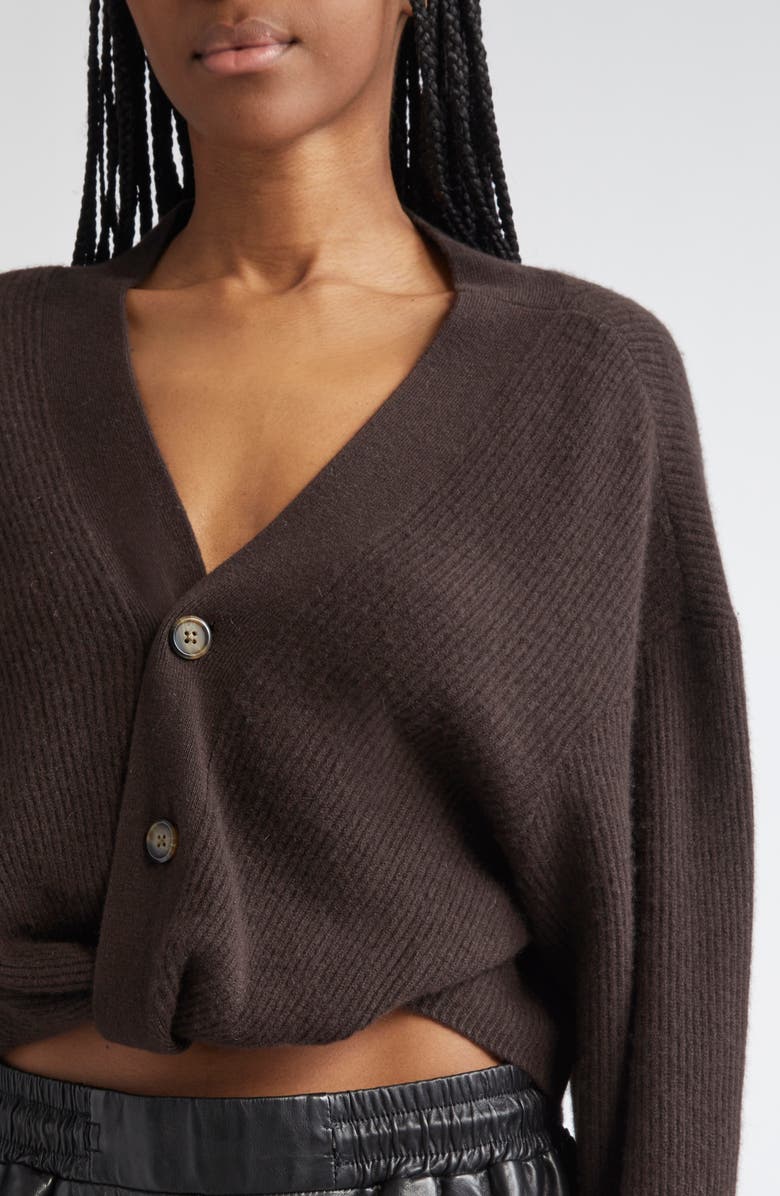 R13 Twisted Front Cashmere Rib Cardigan, Alternate, color, Dark Brown