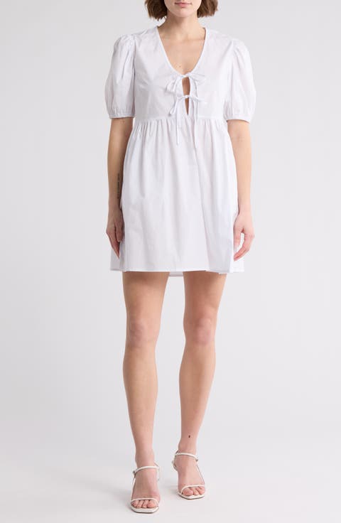 Tie Front Puff Sleeve Poplin Minidress