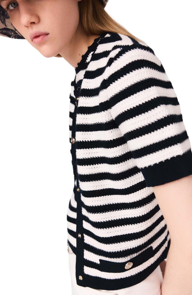 maje Crochet cropped cardigan, Alternate, color, White/Navy