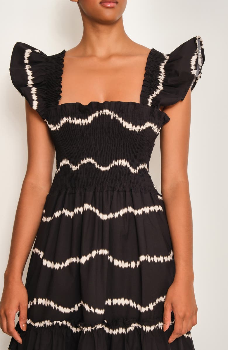 The Lulo Project Sunset Print Smocked Stretch Cotton Maxi Dress, Alternate, color, Black Waves