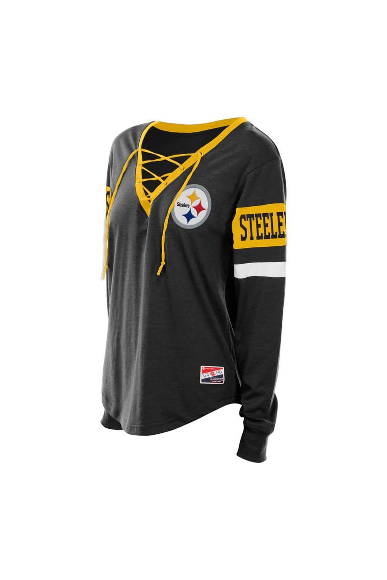 Women's New Era Black Pittsburgh Steelers Plus Size Throwback Lace-Up Long Sleeve T-Shirt, Alternate, color, Black