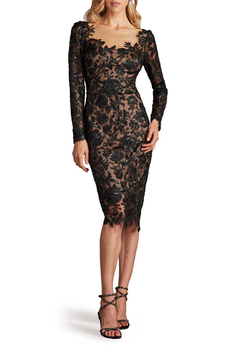 Embroided Lace Long Sleeve Cocktail Dress, Alternate, color, BLACK/ NUDE