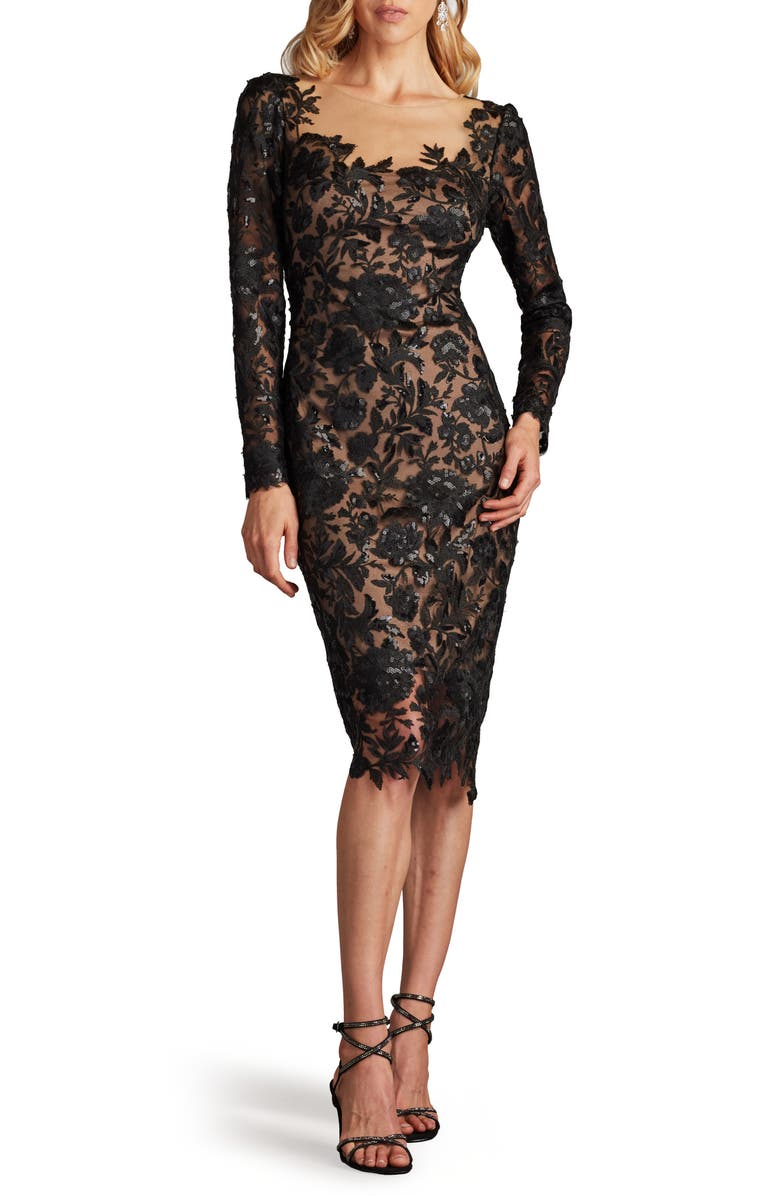 Tadashi Shoji Embroided Lace Long Sleeve Cocktail Dress, Alternate, color, Black/ Nude