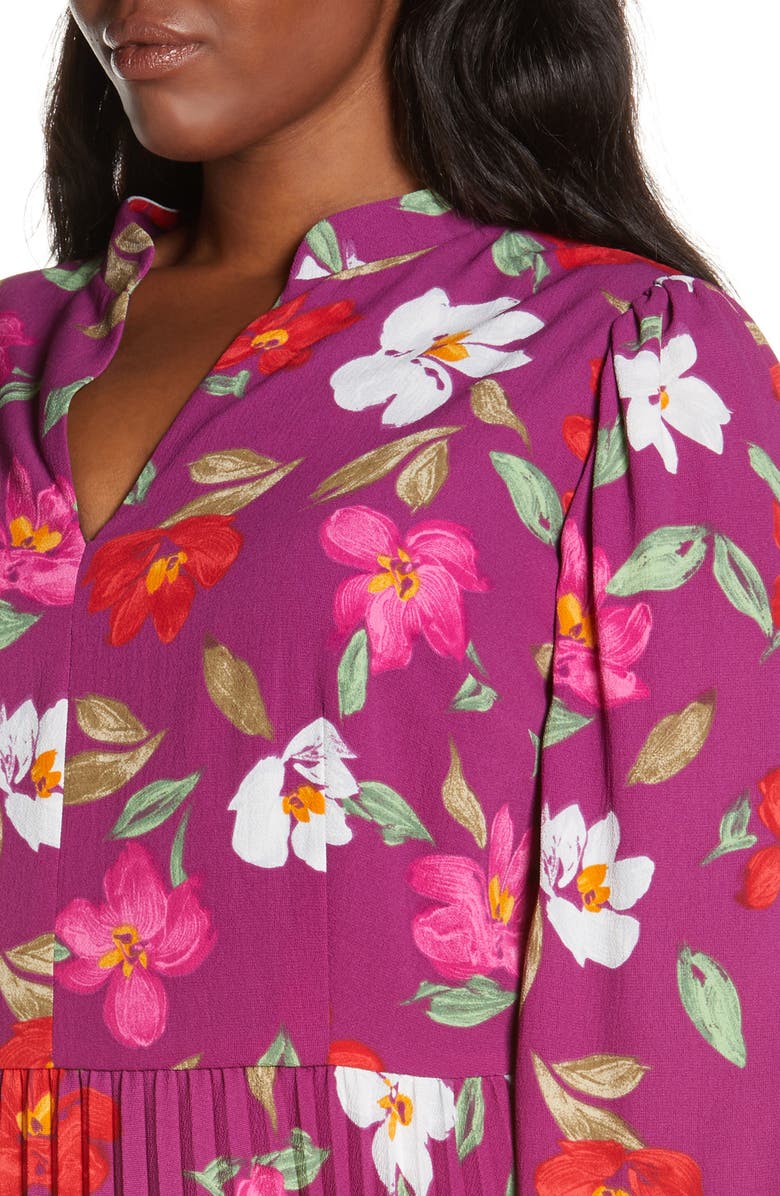 Maggy London Floral Pleated Long Sleeve Fit & Flare Dress, Alternate, color, Rose Wine/ Raspberry