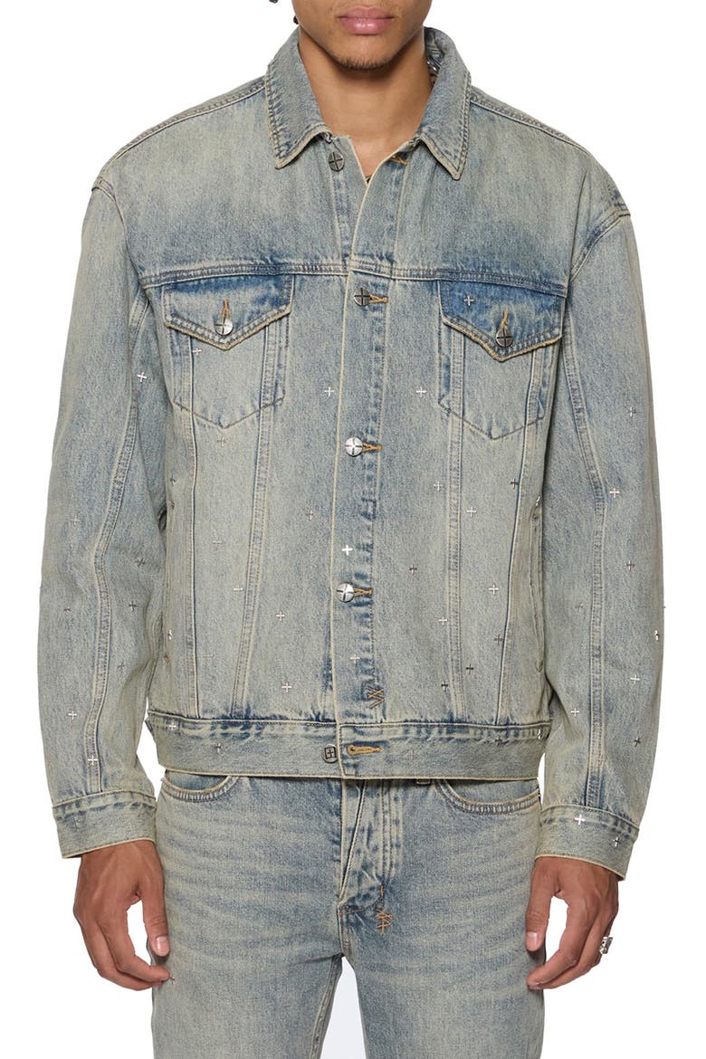Oh G Stagelight Metallic Denim Trucker Jacket, Main, color, DENIM