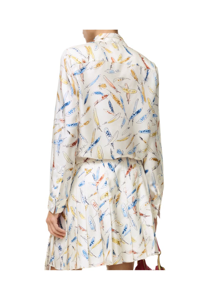 Feather Print Silk Scarf Blouse, Alternate, color, Ink blue