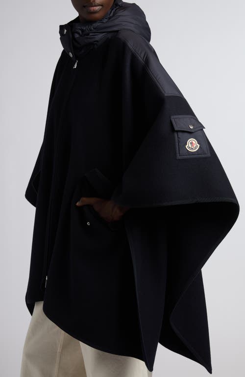 Moncler Hooded Wool Blend Cape In Black