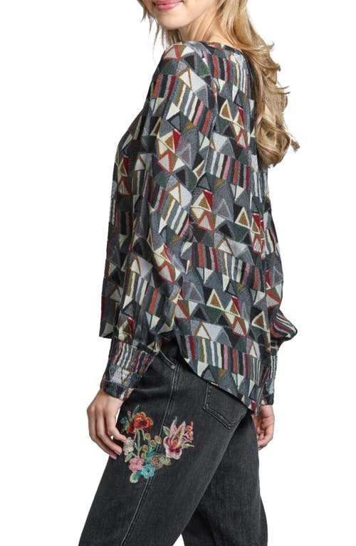 Apny Printed Smocked Cuff Top In Grey Multi