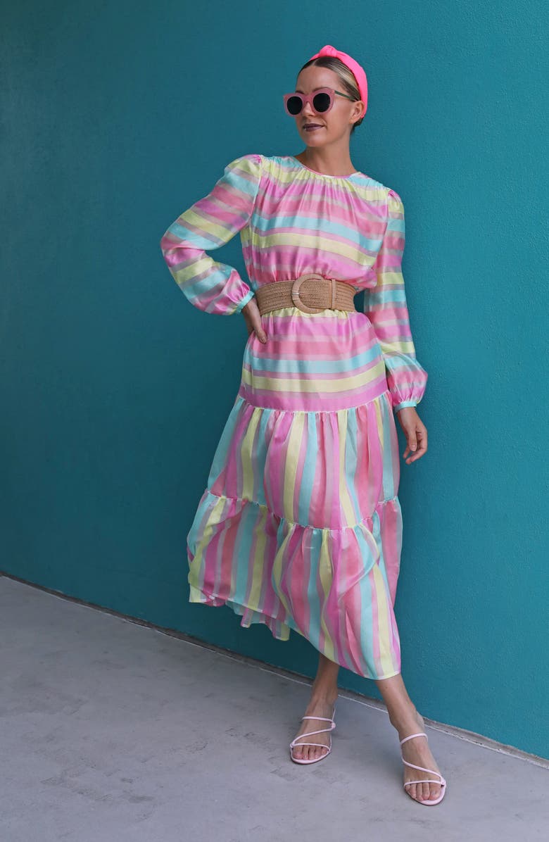 Halogen<sup>®</sup> x Atlantic-Pacific Long Sleeve Stripe Tiered Organza Dress, Alternate, color,