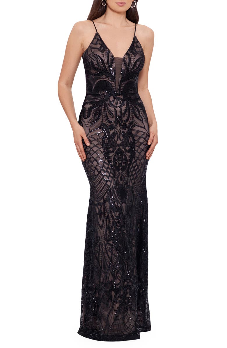 Betsy & Adam Sequin Illusion Trumpet Gown, Main, color, 
