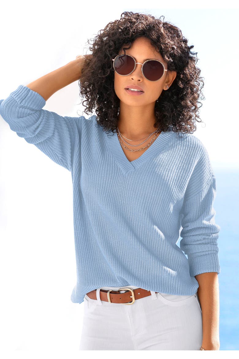 Ribbed V-Neck Sweater, Alternate, color, Blue