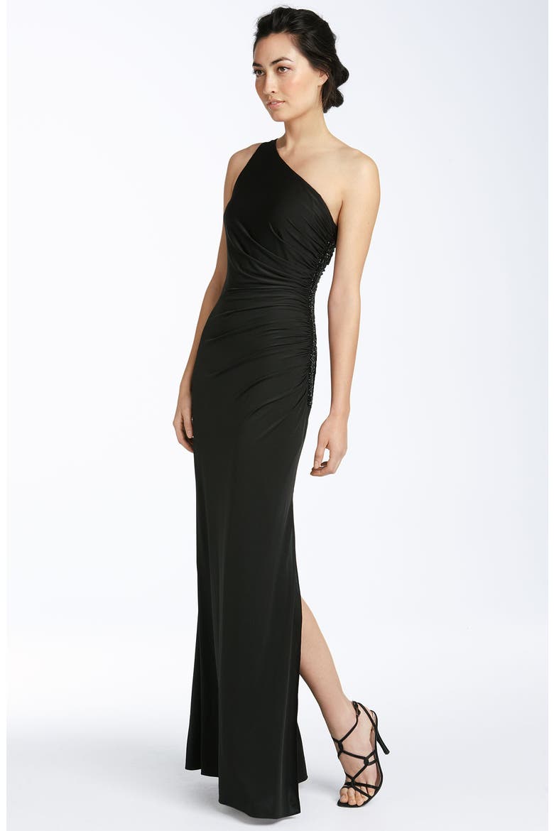 One Shoulder Jersey Gown, Main, color, BLACK