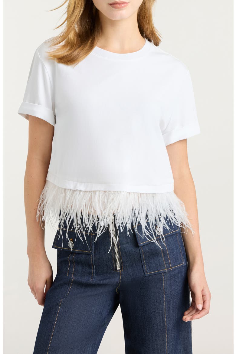 Feather Trim Crop T-Shirt, Main, color, WHITE