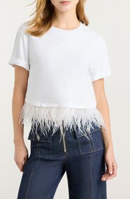 Cinq à Sept Feather Trim Crop T-Shirt
